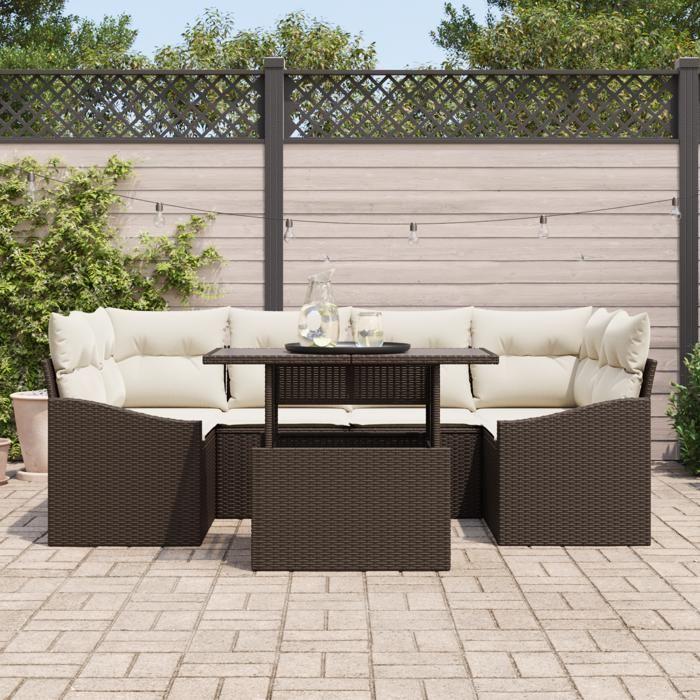 VidaXL Ensemble de canapés de jardin 7 pièces avec coussins Marron Poly Rattan 3348934