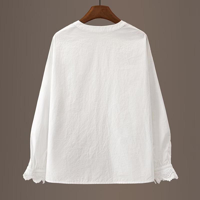 Women's Lace Hollow Spliced White Long Sleeve Shirt