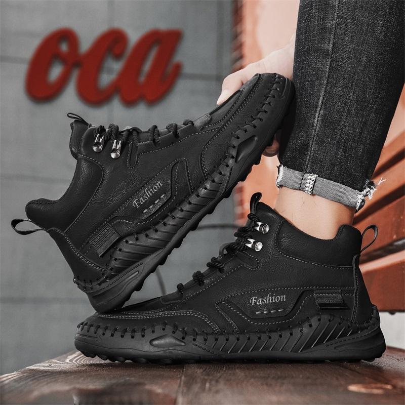 Men Shoes Hand-stitching Leather Men Boots Split Leather Casual Leather Shoes Men Ankle Boots