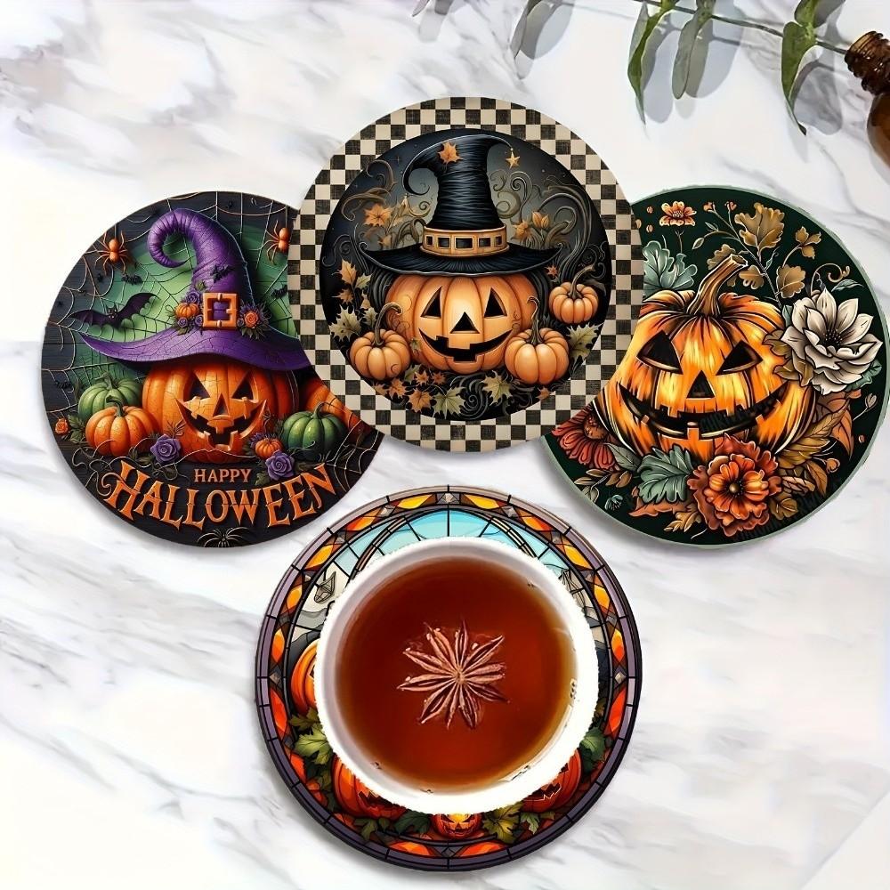 6pcs Wooden Halloween Coasters Pumpkin Heat Insulation Pad DIY Halloween Cup Mats Halloween Party