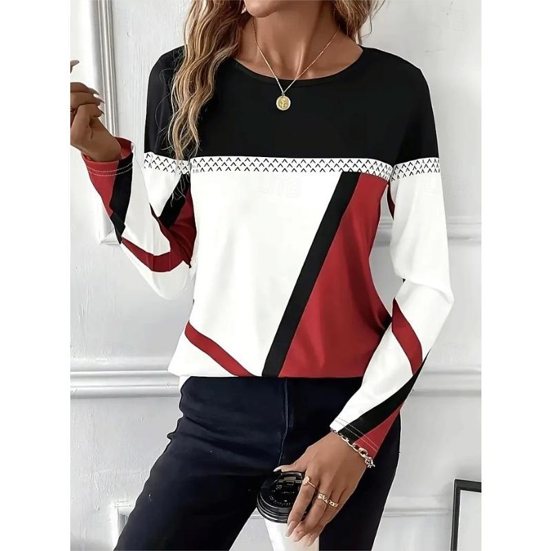 Women s T shirt Long Sleeve Crew Neck Graphic Plaid Classic Round Neck Regular Tops S