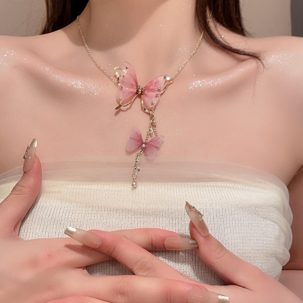 Zinc Zinc Alloy Butterfly Necklace Tulle Vintage Party Jewelry Fashion Charm Tassel Necklace Gift