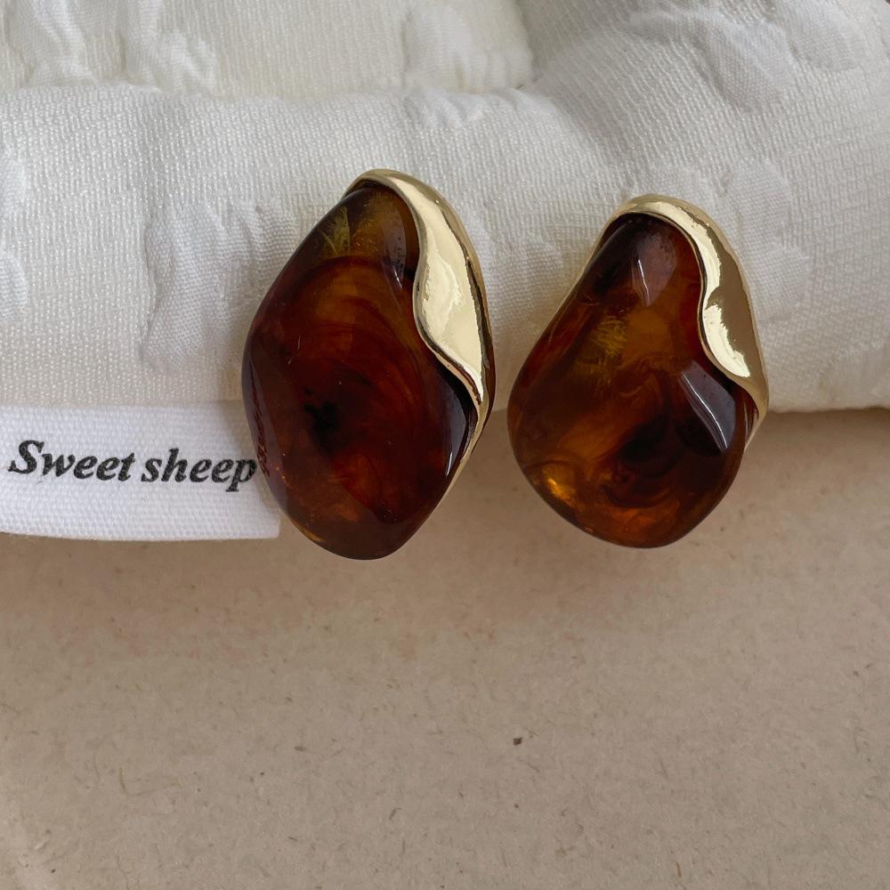 Amber Resin Stud Earrings for Women - Light Luxury Metal Patchwork, 2025 Design.