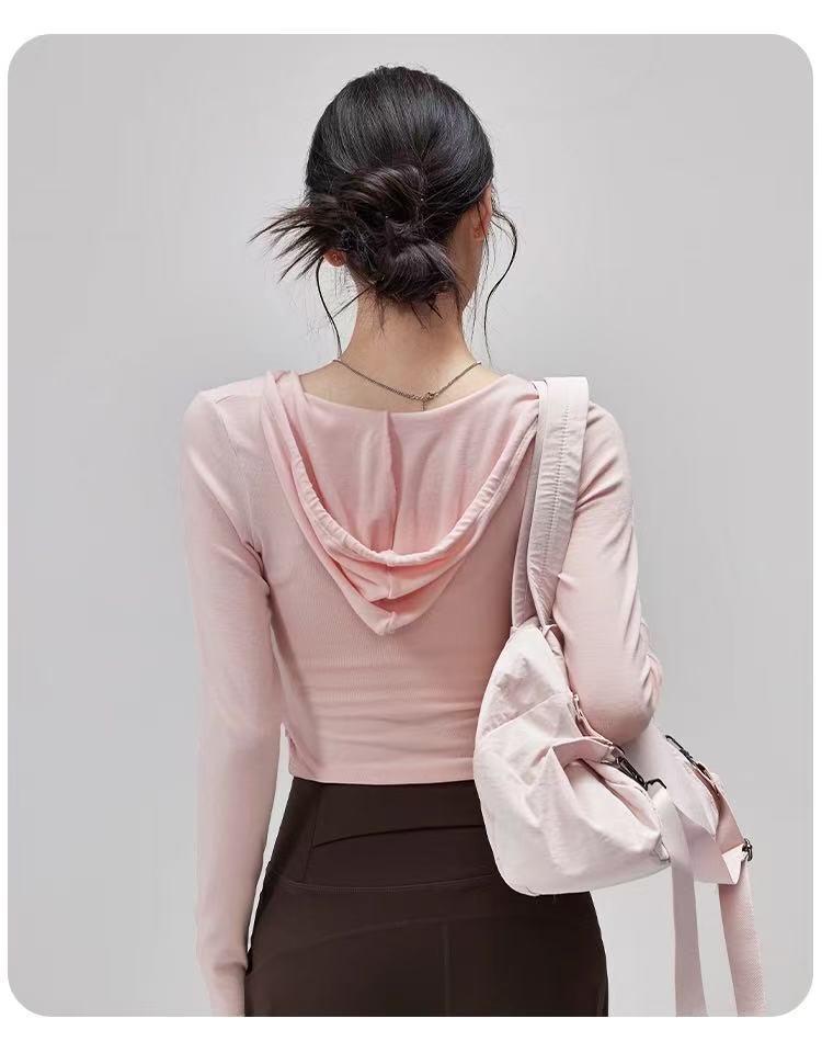 Women's Hooded Long Sleeve Yoga Top - Slimming, Breathable, Waist-Cinching Sports Cover-Up for Pilates Training, Autumn Comfort.