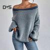 Damen-Pullover, schulterfrei, übergroß, langärmlig, Strickpullover, lockere Passform, gestreifter Druck, weiche, dehnbare Strickoberteile