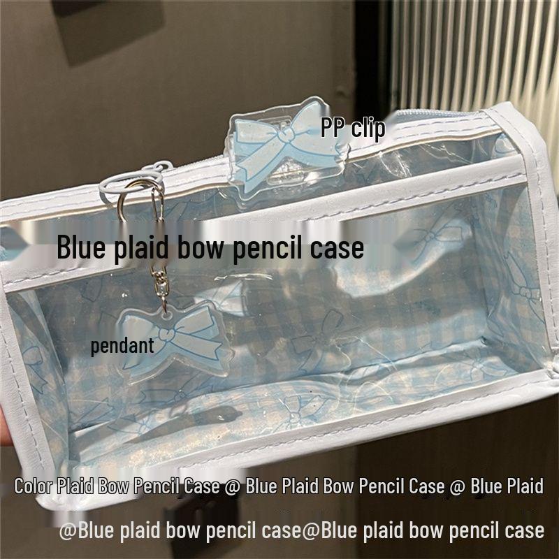 Blue Plaid Double-Layer Transparent Pencil Case - Stylish, Spacious, Portable Stationery Storage for Girls