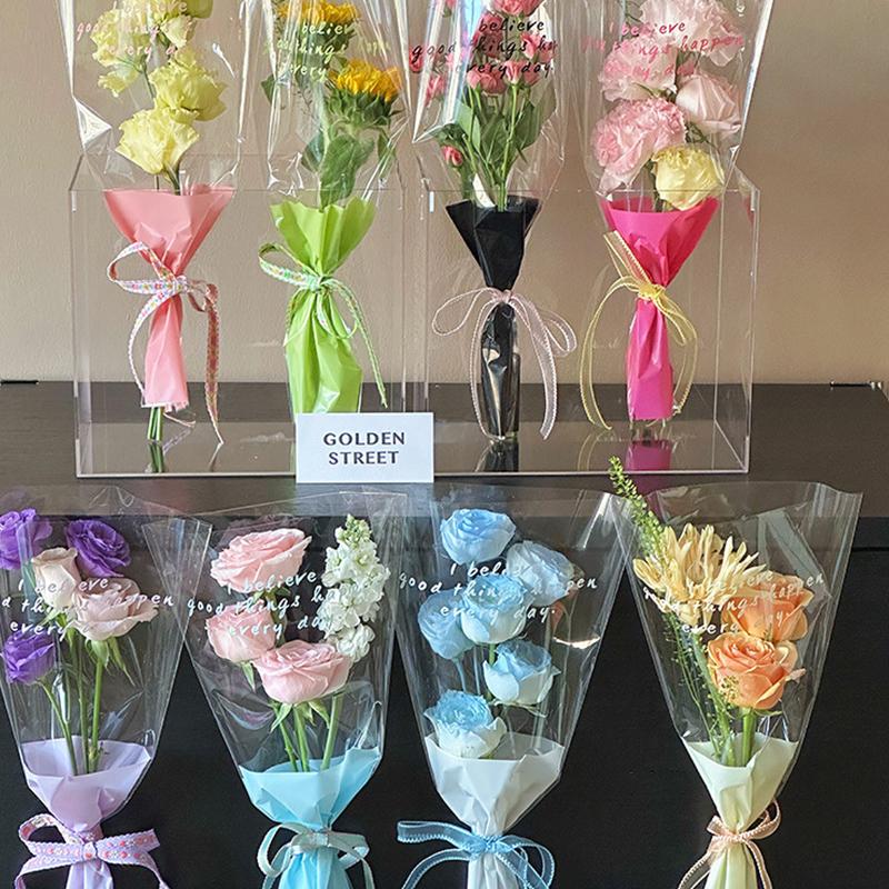50 pezzi di buste per fiori con maniche a rosa singola, sacchetti per bouquet, in cellophane trasparente, involucri floreali per San Valentino
