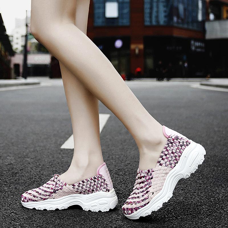 Summer Moccasin Pink Beach Shoes Women Multicolor Casual Weave Slip on Braided Elevator Sneakers Plus Size