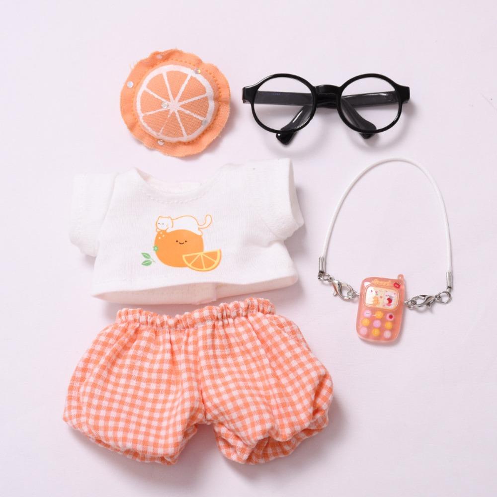Orange Sitting Labubu Time Cloth Plaid Pants 17cm Plush Dolls Clothes  Kids Girls Toys