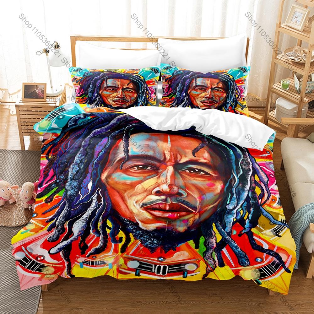 Jamaican Reggae Bob Marley Lion Bedding Set 3 Pieces Vintage Art Print Duvet Cover Set with 2 Pillowcases for Fans