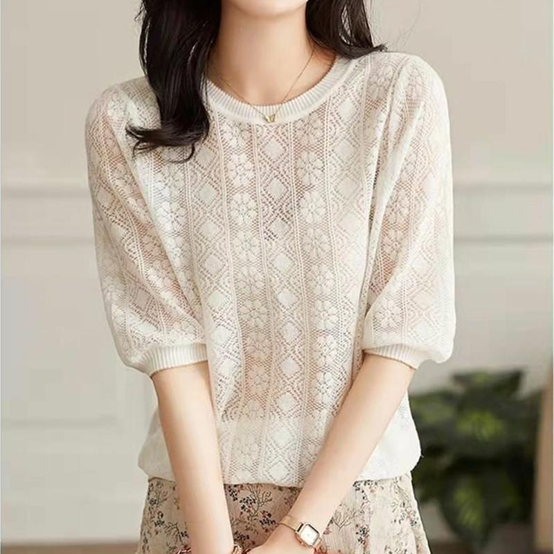 

Тонкая ажурная вязаная футболка, женские летние белые топы, женские повседневные футболки с круглым вырезом, женские свободные футболки с короткими рукавами 2XL