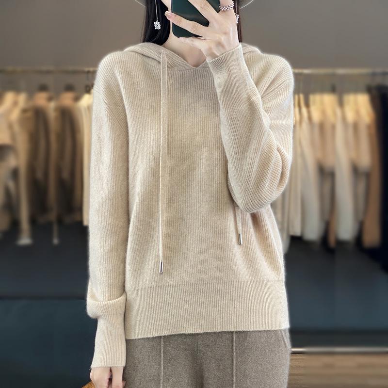 Women's Pure Wool Loose Knit Hoodie - Solid Color, Long Sleeve, Drawstring Hood, Casual Fashion Warm Pullover