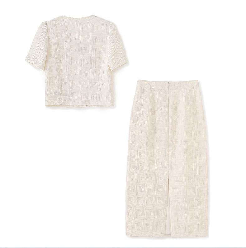 Stilvolles Sommer Kurzarm Top & Texturiertes Bodycon Midi Rock Set für Damen