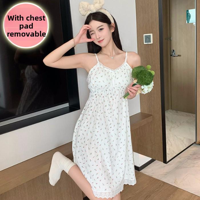 

Милая женская летняя хлопковая ночная рубашка со съемной нагрудной накладкой - средней длины, легкая конструкция на бретелях XXL