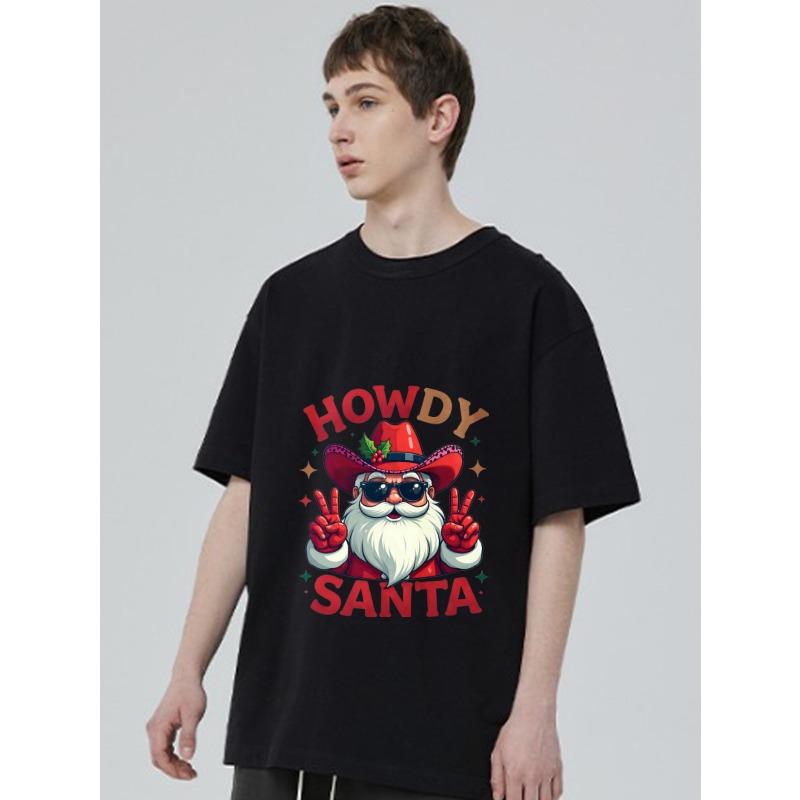Christmas T-Shirt Black Howdy Santa with Cowboy Hat and Sunglasses Peace Signs Holiday Party Wear
