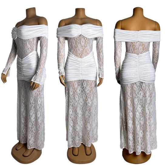 Dámské maxi šaty s odhalenými rameny a dlouhým rukávem, květinová krajka, průsvitná síťovina, řasené bodycon šaty, sexy formální večerní párty, svatební host