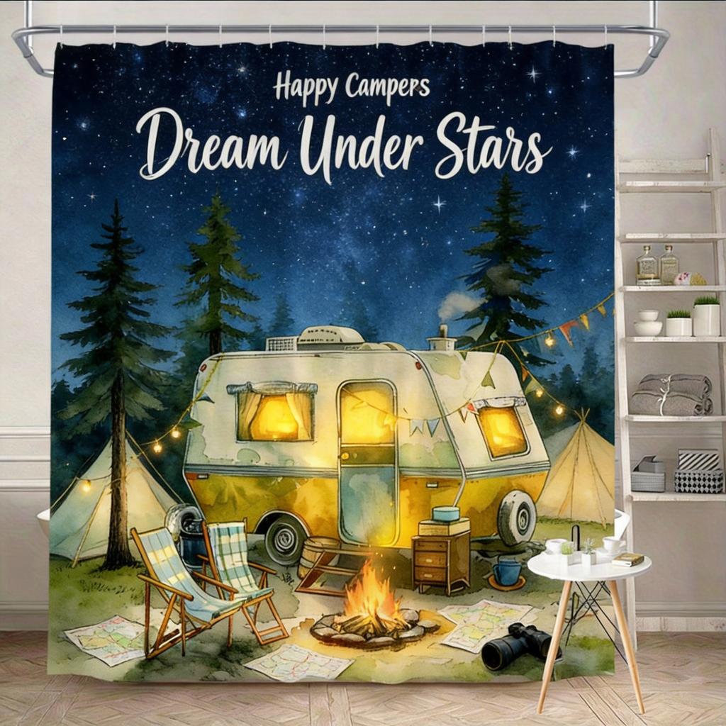 Vintage Camper Shower Curtain 180x180cm – Happy Campers, Machine Washable, 12 Hooks Bath decorative shower curtain
