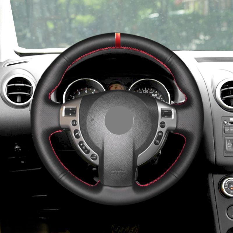 

Для Nissan QASHQAI X-Trail NV200 Rogue 2008 2009 2010, сшитый вручную чехол на руль автомобиля, отделка, черная кожа с красным