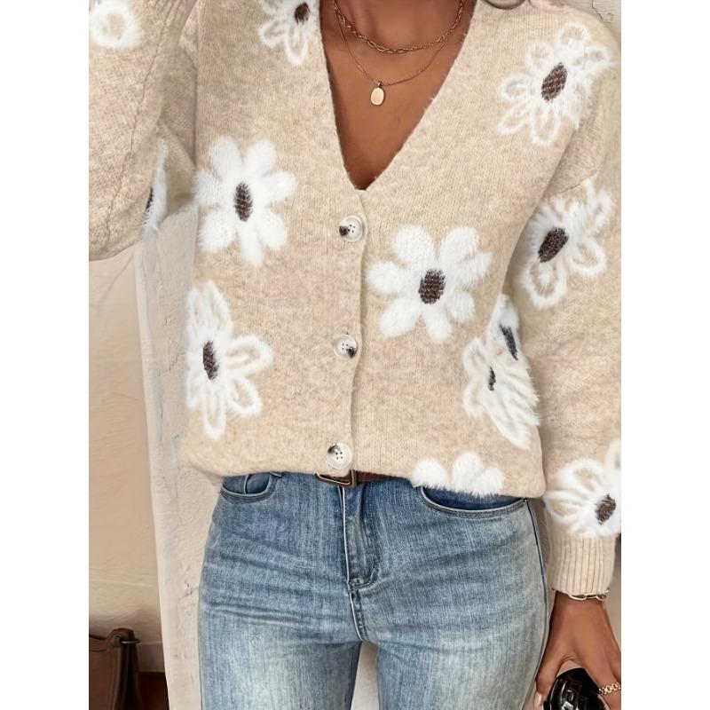 Women's Floral Print Knitted Cardigan Soft Fabric Short Sweater Coat Warm Comfortable Long Sleeved V-neck Loose Jacket Autumn