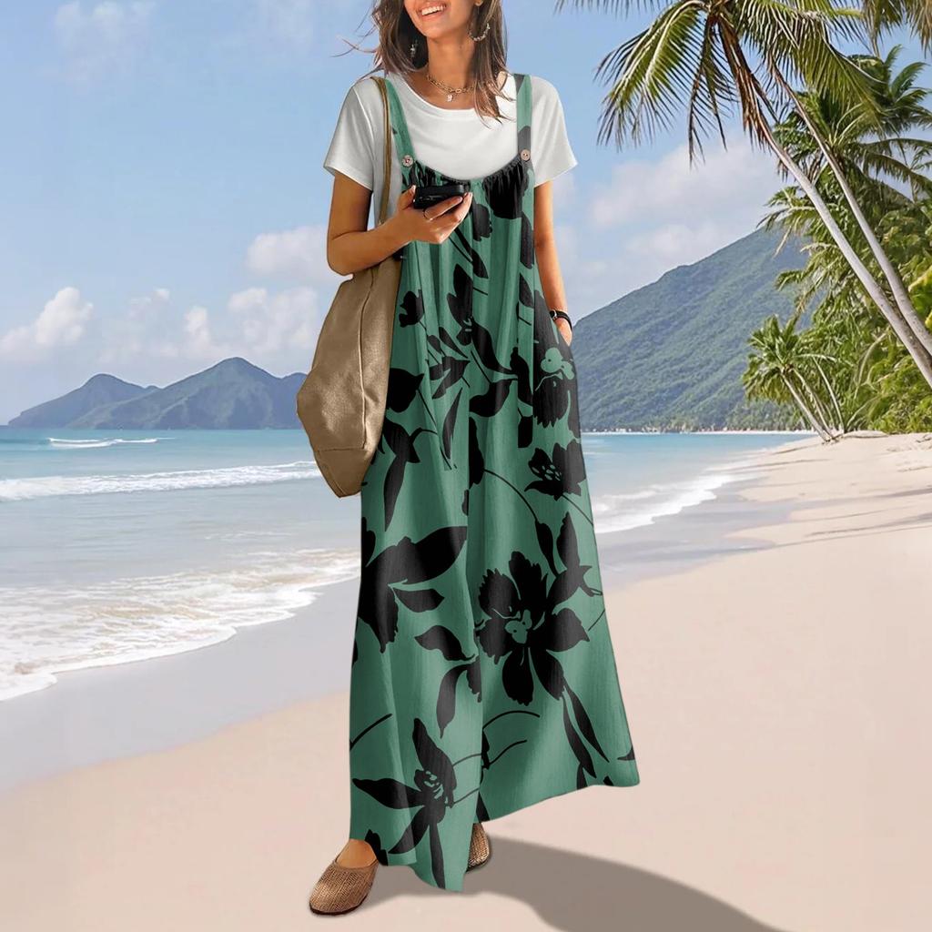 Casual Wide Leg Jumpsuits For Women Boho Floral Pleated Overalls Rompers Summer Outfits With Pockets