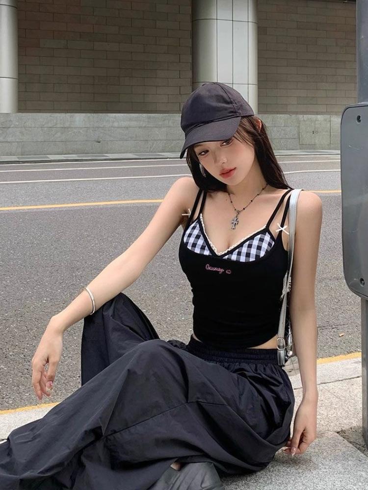 Summer 2000s Outwear Lace Plaid Corset Vest Two Pieces Hot Girls Sweet Spicy Slim Y2k Crop Top Casual Korean Fashion Camis Chic