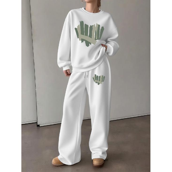 Women's 2-Piece Crewneck Sweatshirt & Drawstring Straight Leg Pants Set, Casual Printed Relaxed Fit Tracksuit, Fashionable Versatile Athleisure