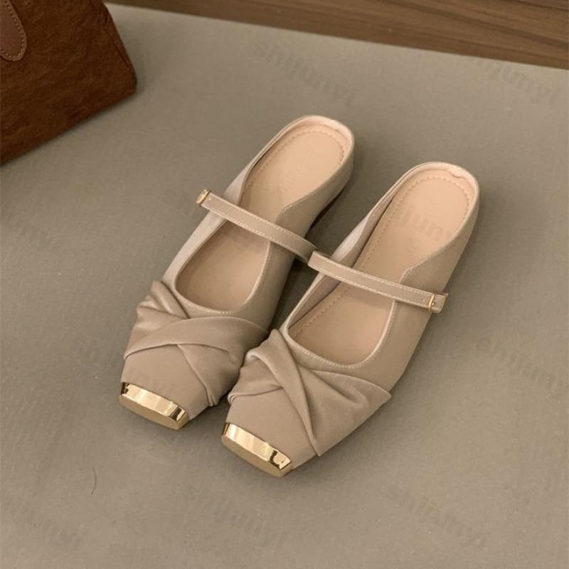 Fashion Elegant Square Head Flat Half Slippers for Women 2025 Spring Soft Sole Comfortable Mary Jane Shoes Shallow Mouth Fashion Sandals