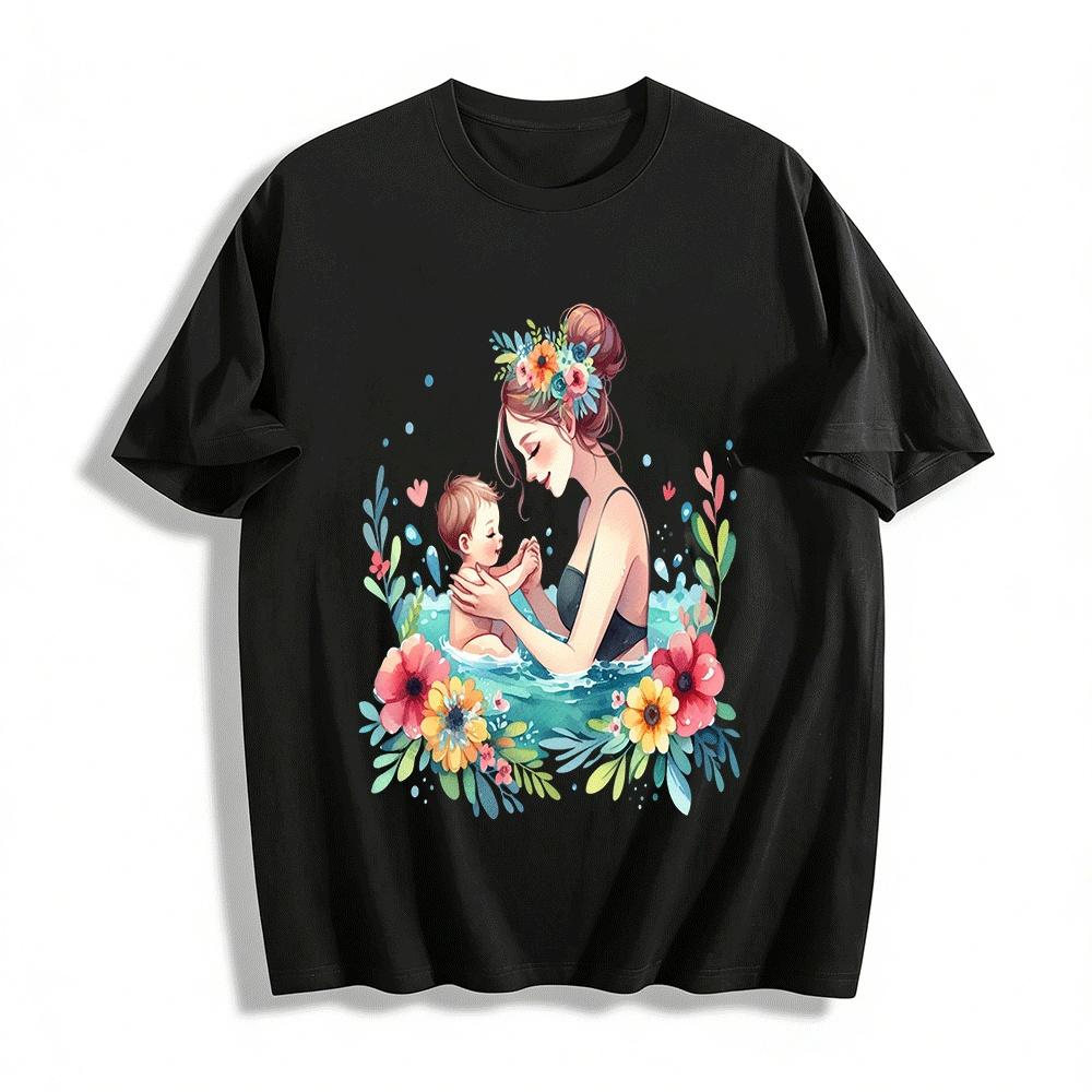 Gentle Mother And Baby Bathing Themed Print Adult T-Shirt Pure cotton T-shirt XXS