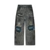 Mens Relaxed Fit Distressed Denim Jeans With Gradient Wash Embroidered Wide Leg Straight Cut Vintage Workwear Style