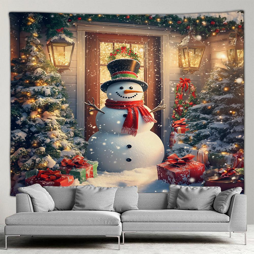 Cute Snowman Christmas Tapestry Xmas Tree Gifts Red Curtains Window Winter Scenery New Year Home Living Room Decor Wall Hanging