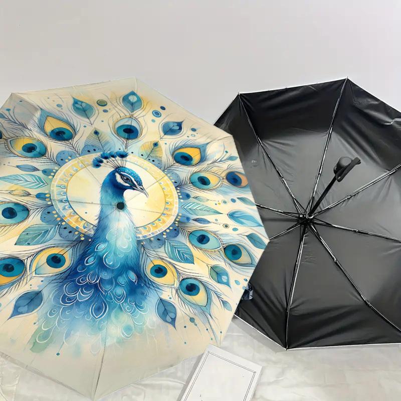 1PC Peacock Feathers Automatic Open/Close Umbrella Compact Folding Umbrella with 8-Rib Shaft lightweight esign, Highquality Fabric1132A