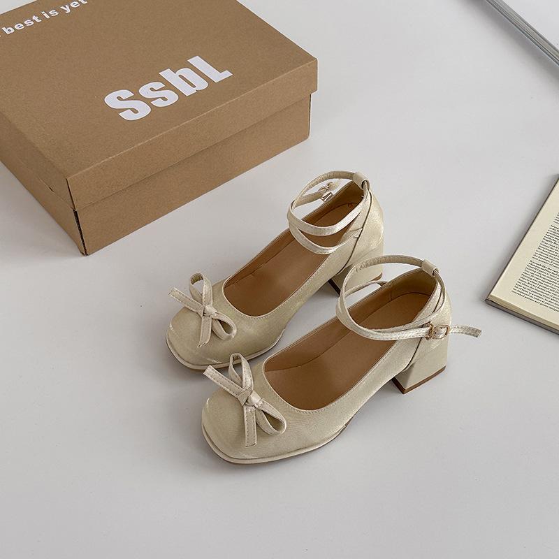 Shallow thick heel single shoes Mary Jane shoes women's 2025 spring new fairy style small man height increase French bow