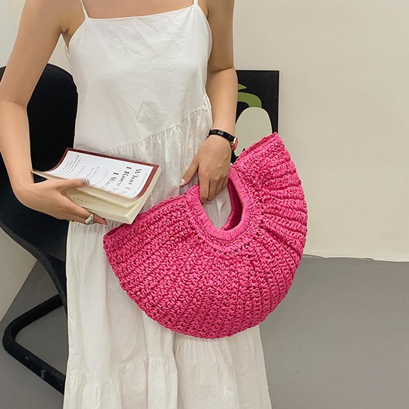 Sommerhalm Kvinner Half-moon Beach Handbag Rattan Håndlaget håndtak Mote Kintted Tote Bag