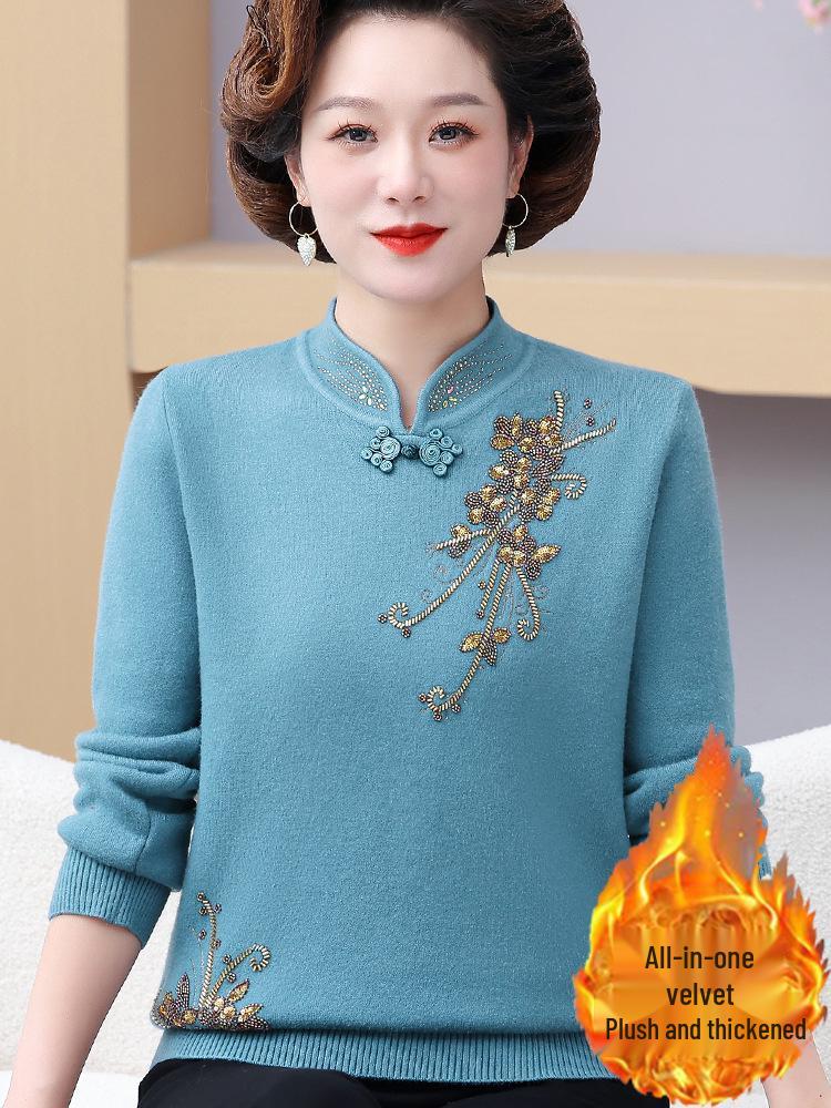Mom's Chinese Embroidered Top: Fashionable Plus Velvet Sweater for Middle-Aged & Elderly Women, Autumn/Winter Base Layer