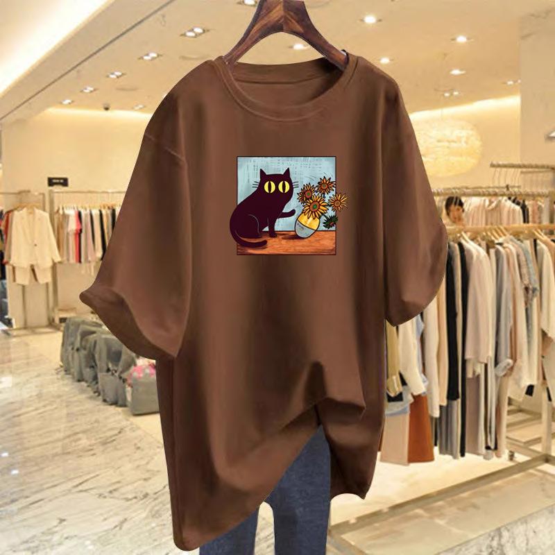 

Cat print white cotton short-sleeved t-shirt women s summer loose new top XXXL