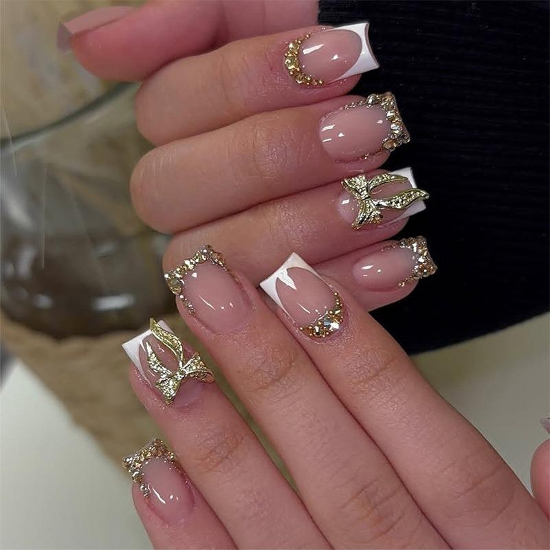 French Style Diamond Bow Fake Nails Medium Square False Nail Tips