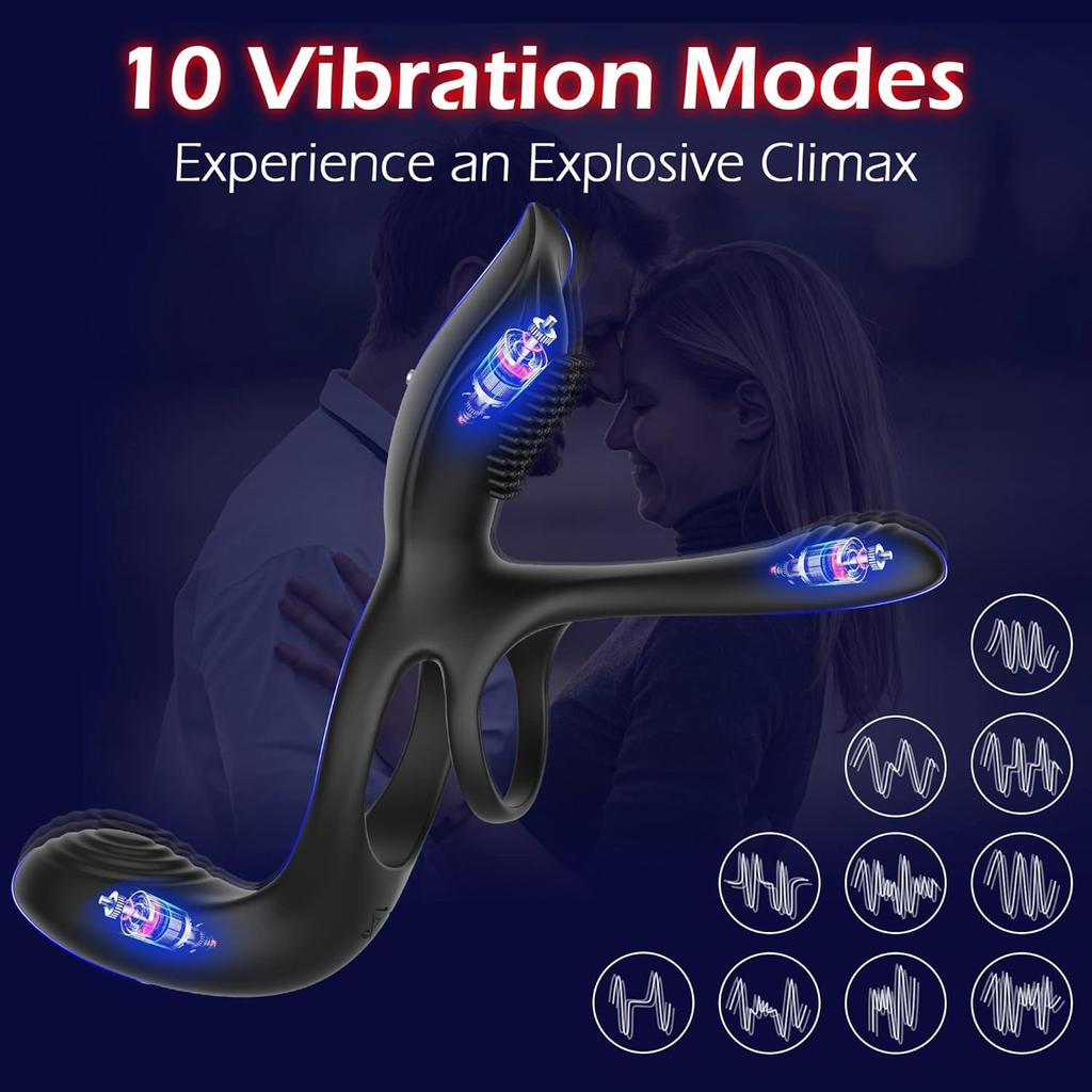Vibrator for Couple, 3 In 1 Vibrating Cock Ring with 10 Modes, Men's Penis Vibrators, Perineum , G Spot, Clitorals Stimulator for Women, Sex