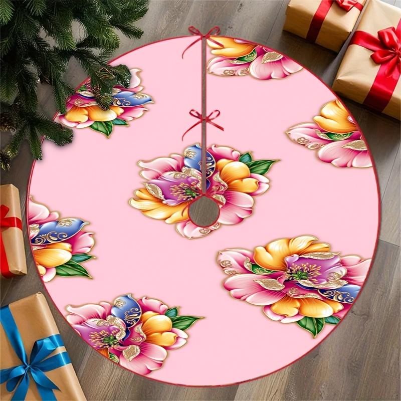 2D Flat, 1pc, a Christmas Tree Skirt with a Pink Base Adorned with Colorful Flowers, Featuring 2D Flat Printing. Suitable for Christmas Trees, Holiday