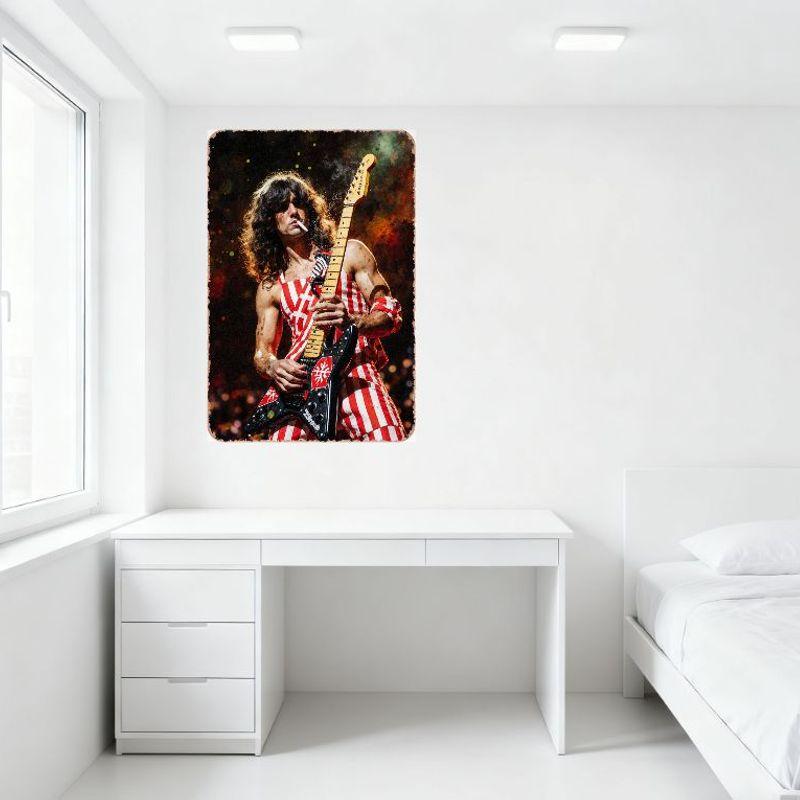 Muscular Man with Long Brown Hair Playing Black Electric Guitar Red Star Logos Vintage Tin Sign for Concert Man Cave Bar Home De