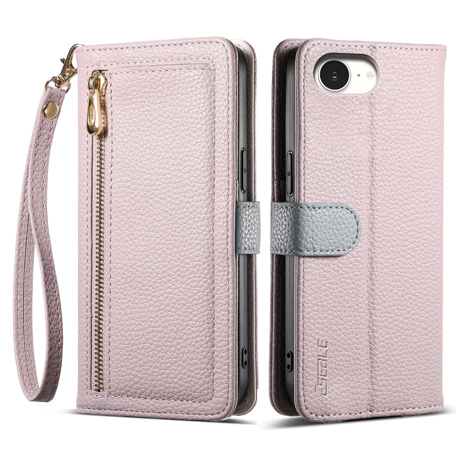 

ESEBLE E11 For iPhone 16e Case Zipper Pocket Litchi Texture Leather Phone Cover with Mirror and Wrist Strap Light Purple