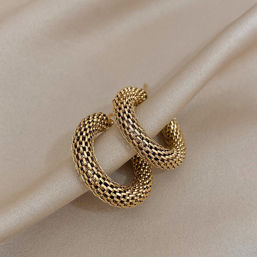 FLASHBUY Stainless Steel Gold Color Geometric Metal Mesh Earrings for Women Girls New Trend Hoop Ear Jewelry Gift