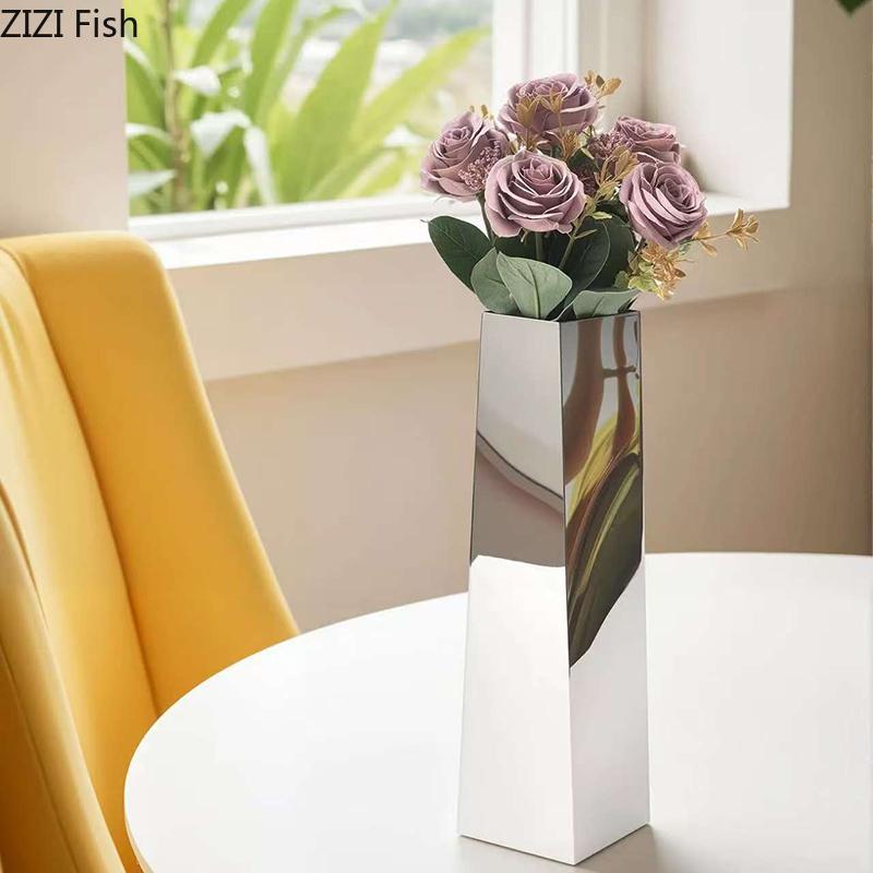 Stainless Steel Specular Vase Creative Geometric Flower Pots Desk Decoration Flowers Arrangement Vases Room Aesthetic Decor