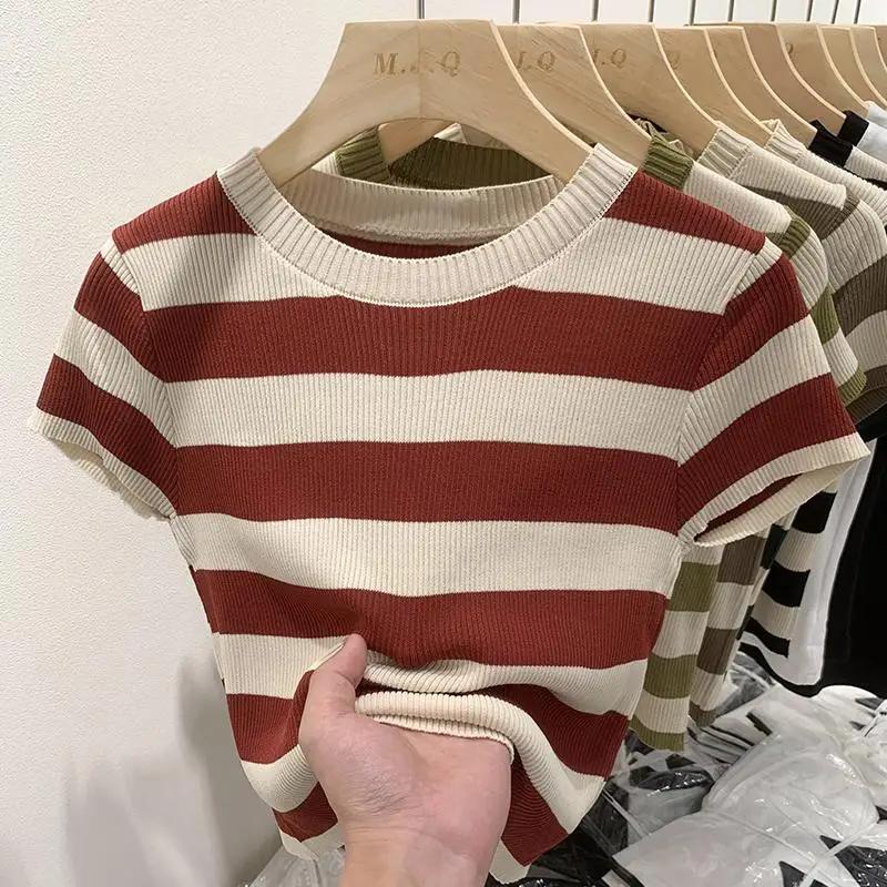 

Fashion Women Short Striped Bottoming T-shirt Summer New Casual Short Sleeve Knitted Tops S