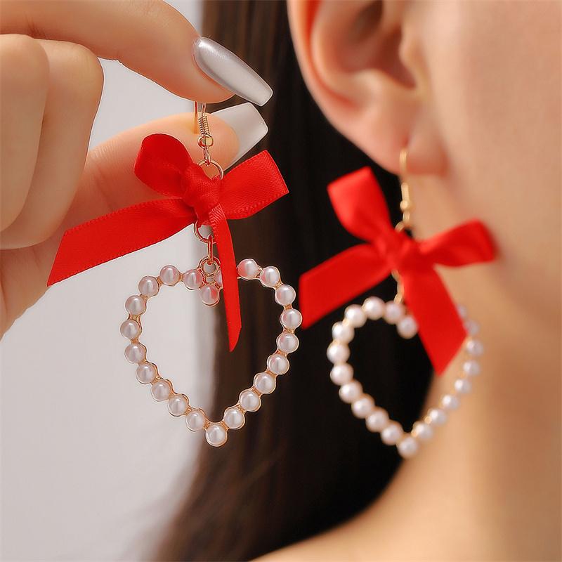 Fashion Sweet Love Heart Bowknot Pendant Hoop Earrings Harajuku Y2k Ribbon Bow Pearl Earings For Women Zircon