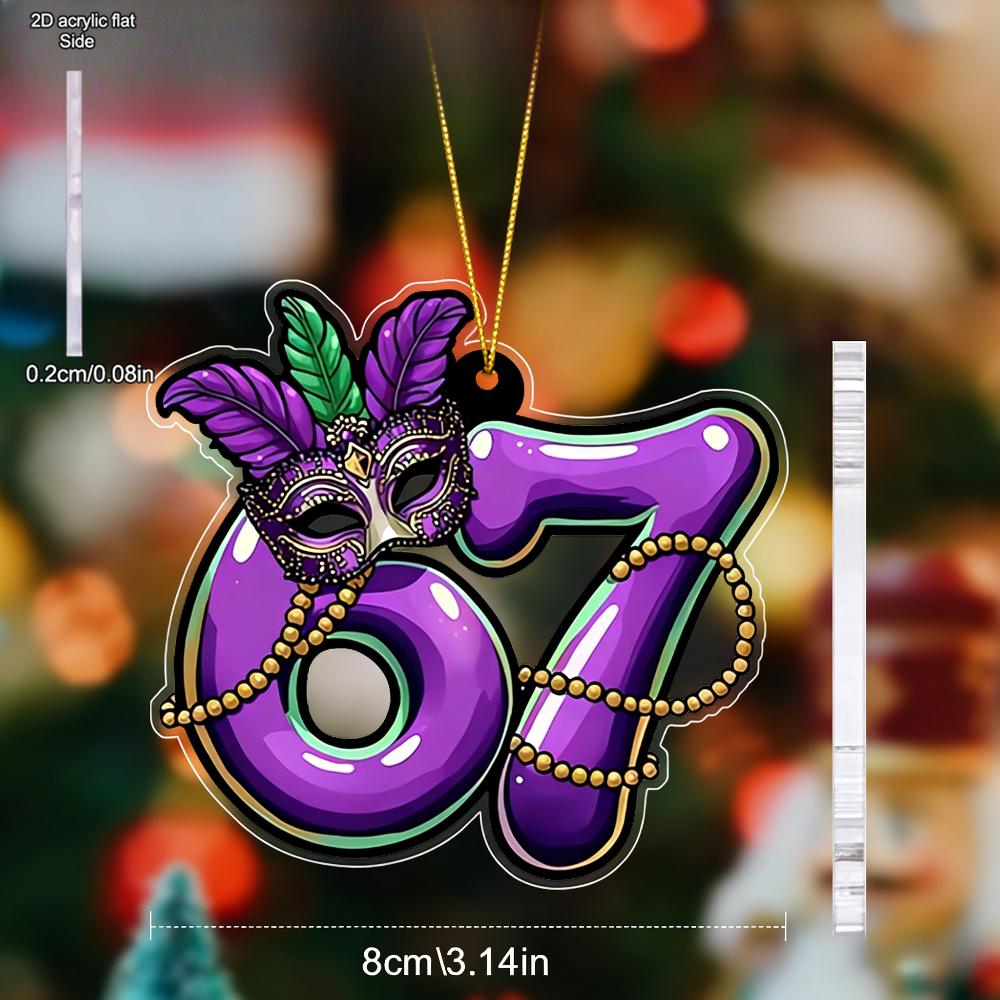 Glittering Purple & Green Mardi Gras 67 Number-Shaped Ornaments - Acrylic Carnival Masks Pendants, Drops & Finials Suitable for Christmas, Graduation