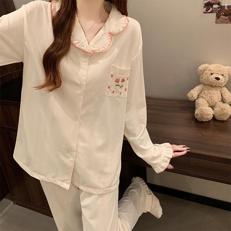 Spring and Autumn Women's Tulip Flower Pajamas Homewear Set of Girls Sweet Lace Long-Sleeved Senior Sense Pajamas Homewear
