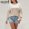 QICED Autumn Winter O-Neck Striped Loose Large-size Sweater for Women