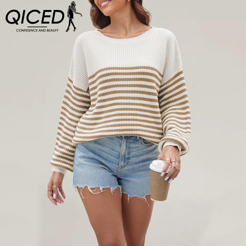QICED Autumn Winter O-Neck Striped Loose Large-size Sweater for Women