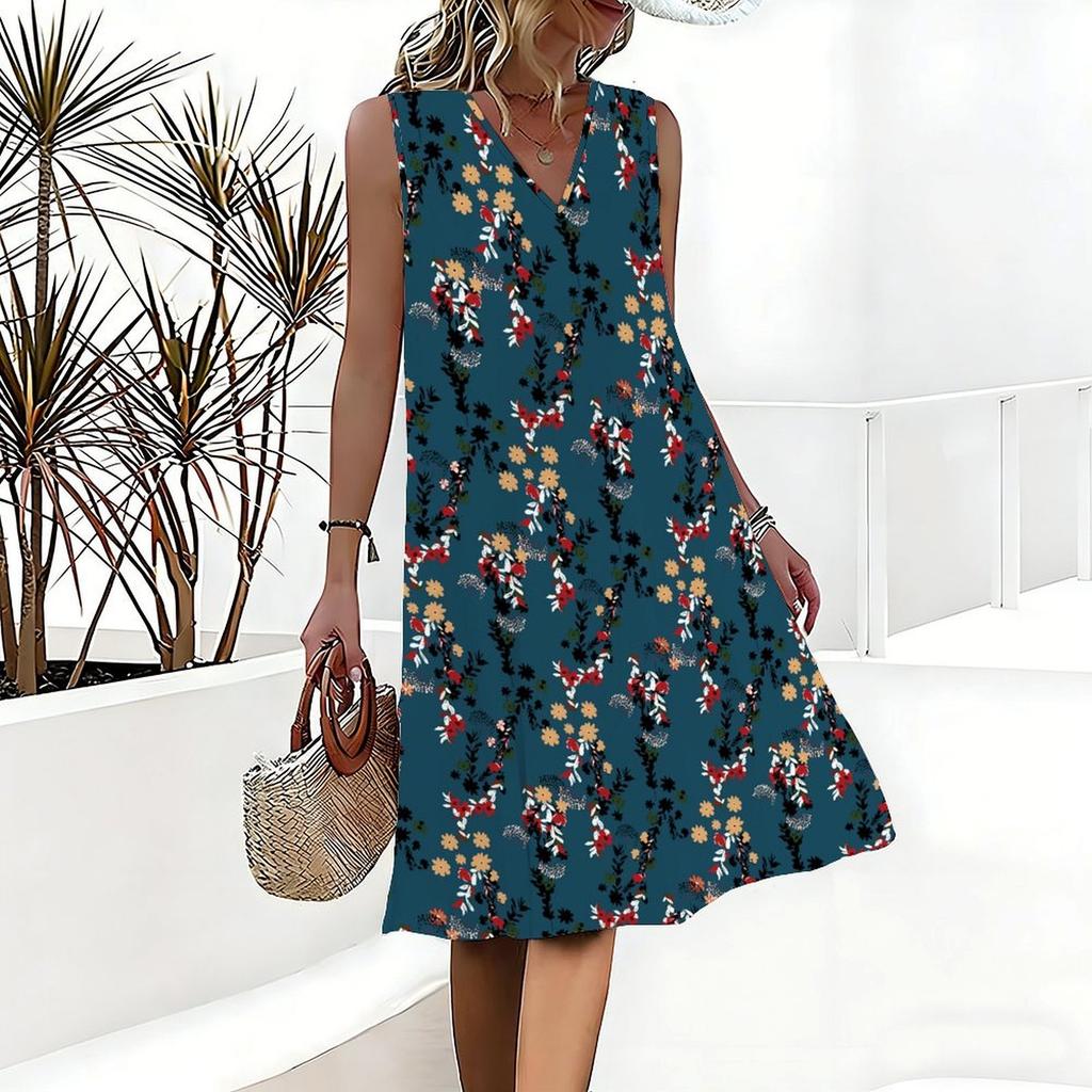 Plus Size V Neck Sleeveless Dress Misty Mountain Bamboo Ink Print For Scenic Area Travel