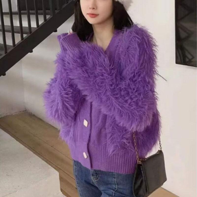 

Кардиган, свитер, женский осенне-зимний корейский флис из искусственной норки, свободный и тонкий свитер, вязаный кардиган для женщин, верхняя одежда One Size фиолетовый
